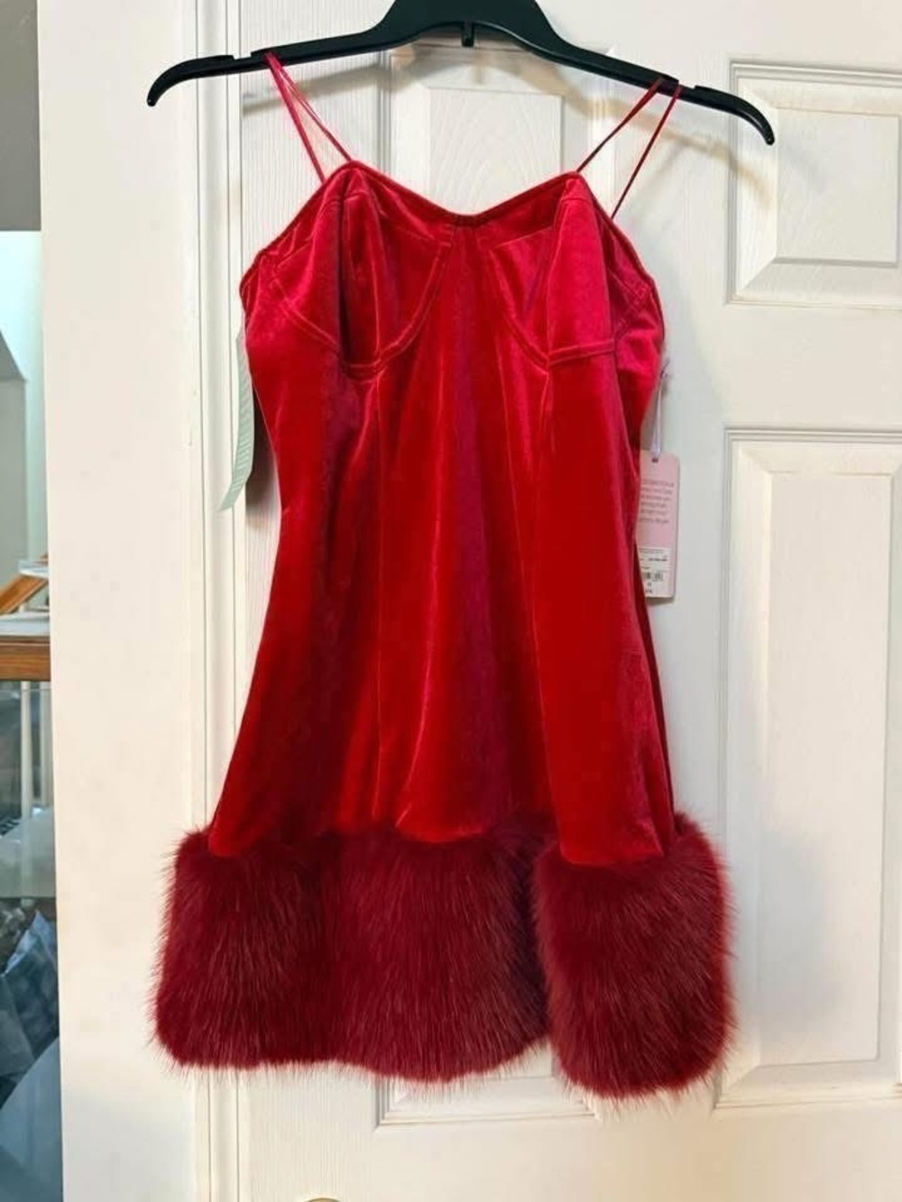 Red Velvet Mini Dress with Faux Fur Hem